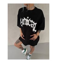 Unisex Bisiklet Yaka Baskılı Oversize T-Shirt - Siyah