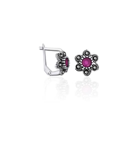 Kök Yakut Taşlı Gümüş Küpe Klipsli Çiçek Markazit Küpe 925 Ayar ST095 (Pembe)