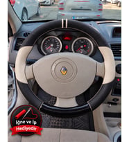 Renault Kangoo 2 Dikme Direksiyon Kılıfı Delikli Deri Parlak Siyah Bej Detay Çift Yüzük ve Dikiş 2008-2012