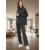 Rahat Örme Pijama Takımı Kapüşonlu Uzun Kollu 2 Parça Kullanım Mükemmel Uyum (Antrasit)
