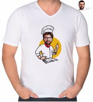 BK Gift Kişiye Özel Erkek Chef Karikatürlü V Yaka Tişört-12 (Beyaz)