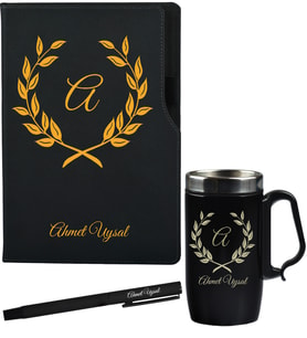 Kişiye Özel Hazırlanmış Hediye Siyah Defter Termos - Mug ve Roller Kalem Hediye Seti