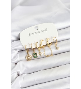 Gold Renk Zirkon Taşlı Zincir ve Kutup Yıldız Detaylı Kadın Küpe Seti - EBJ260701W44176