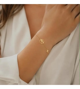 Kişiye Özel 925 Ayar Gümüş Zarif Uçak ve Dünya Figürlü Bileklik (Gold)