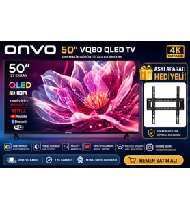 Onvo 50" VQ80 QLED Android Smart Tv Hdr Destekli Netflix & Youtube Bluetooth & Wifi Askı Aparatı Hediyeli