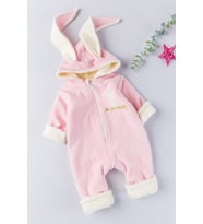 Tavşan Figürlü Kışlık Welsoft Kadife Astronot Kız/Erkek Bebek Tulum (Pembe)