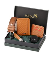 Polo Air Dama Desen Cüzdan Kendinden Kartlık Kemer Anahtarlık ve Çakmak Kombin CHM-13 (Taba)