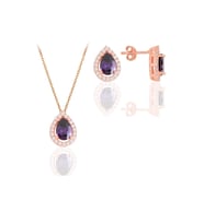 Söğütlü Silver Gümüş rose ametis taşlı damla modeli ikili set