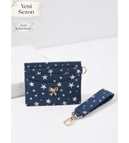 C&ON Design Yıldız Desenli Fiyonk Detaylı Lacivert Kadın Deri Kartlık ve Anahtarlık Kombin Seti