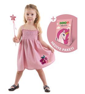 Çiçekli Gülkurusu Kız Bebek Çocuk Müslin Elbise (Pembe)