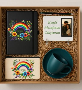 Kişiye Özel gökkuşağı çiçek desenli Hediye Seti yeşil (Yeşil)