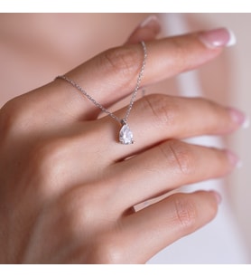 925 Ayar Radyum Kaplama Swarovski  Damla Tek Taş Gümüş Kolye