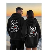 Sevgili Çift Kombin Ayıcık Baskılı Kapüşonlu Sweatshirt 2li Set Takım 3 İplik (Siyah)