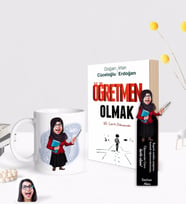 BK Gift Kişiye Özel Tesettürlü Kadın Öğretmeni Karikatürlü Beyaz Kupa Ahşap Kitap Ayracı ve Öğretmen Olmak Kitabı Hediye Seti-3