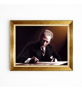 Tablore Mustafa Kemal Atatürk Çalışma Masasında İmzalı Altın Varak Çerçeveli Tablo