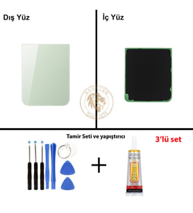 Samsung Galaxy Z Flip 5 Yeşil Renk Arka Kapak + Tamir Seti + B7000 Yapıştırıcı Arka Cam Batarya Kapağı Pil Kapağı Lazer Kesim Back Cover Galaxy Z Flip 5 Uyumlu