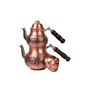 DMT Gaziantep Bakır Çaydanlık Takımı AĞIR İşlemeli  Alt:12 cm üst:9cm Toplam:1,5lt Ahşap kulp