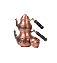 DMT Gaziantep Bakır Çaydanlık Takımı AĞIR İşlemeli  Alt:12 cm üst:9cm Toplam:1,5lt Ahşap kulp