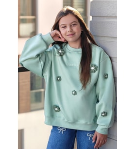 Locoloco Kız Çocuk Sweatshirt Çiçek Motifli 9-14 Yaş, Su Yeşili