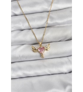 316L Çelik Zincir Gold Renk Kanatlı Kalp Model Zirkon Taşlı Kadın Kolye - TJ-BKO10837