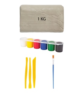 Beyaz Seramik Hamuru 1 kg Ebeşuar Seti 6x15 ml Akrilik Seti Düz Fırça Seramik Kili Oyun Hamuru