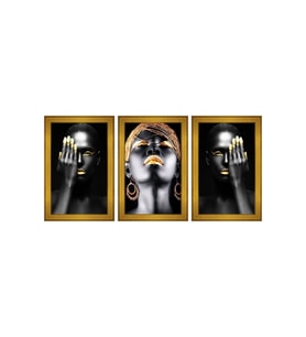 Altın Makyajlı Siyahi Kadın Temalı 3 lü Kanvas Tablo Seti 150 x 70 cm Gold Çerçeve