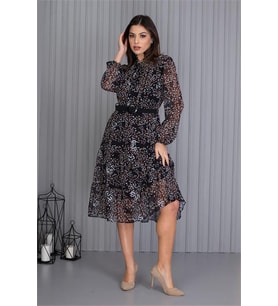 Neşeli butik kadın kemerli desenli yeni sezon midi boy şifon elbise APCX04 (Siyah)