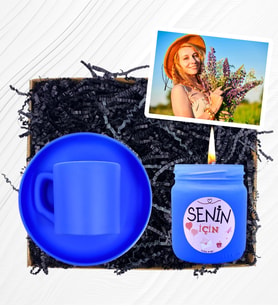 Renkli  100ml Türk Kahvesi Fincanı, Kokulu Cam Mum ve Fotoğraflı Hediye Seti (Turkuaz)