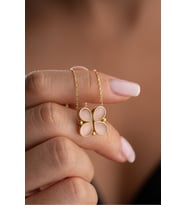 925 Ayar Gümüş Gold Pembe Doğal Taşlı Yonca Kolye
