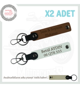 Motorculara Özel Üretilmiş, İsim Ve Plaka Yazılı Kişisel x2' li Anahtarlık Set, Kahve-Beyaz-SK