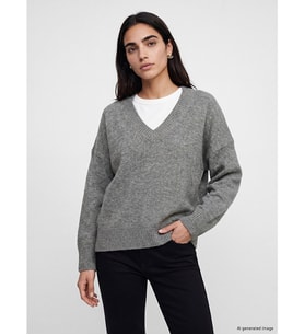 LCW Vision Gri V Yaka Oversize Kadın Triko Kazak