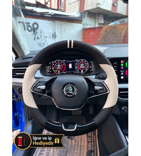 Skoda Kamiq Dikme Direksiyon Kılıfı Delikli Deri Parlak Siyah Bej Detay Çift Yüzük ve Dikiş 2019-2024