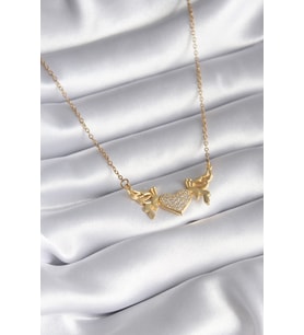 316L Çelik Gold Renk Zirkon Taşlı Kanatlı Kalp Model Kadın Kolye TJ-BKO8290