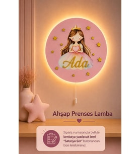Ahşap Prenses Lamba İsme Özel Pilli Ledli Gece Lambası Bebek Çocuk Odası