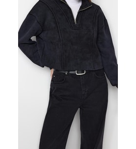 Crop Fermuarlı Yaka Düşük Kol Crop Eskitme Kalın İçi Polarlı Rahat Kesim Crop Örme Sweatshirt