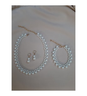 Küçük Büyük İncili Kolye Küpe Bileklik Set Hediye Set (Beyaz)