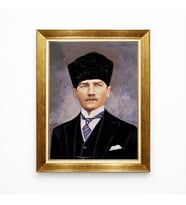 Tablore Atatürk Mavi Arka Plan Yağlı Boya Efektli Çerçeveli Tablo