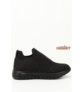 Divamod 502 Kadın Siyah Triko Taşlı Memory Foam Tabanlıklı Comfort Sneaker (Siyah)