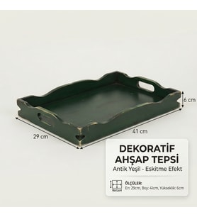 El Boyaması Eskitme Ahşap Dekoratif Tepsi - Antik Yeşil Kahve Sunum Tepsisi (29x41x6 cm)
