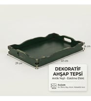 El Boyaması Eskitme Ahşap Dekoratif Tepsi - Antik Yeşil Kahve Sunum Tepsisi (29x41x6 cm)