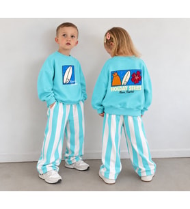 Hawai Baskılı Turkuaz Sweatshirt Sırt Baskı Detaylı Çizgili Eşofman Kız & Erkek Çocuk Alt Üst Takım
