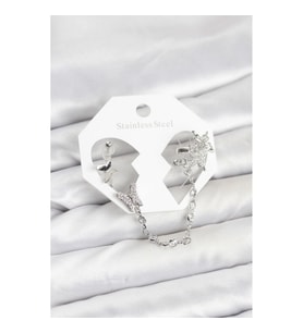 Mey İthalat® Pirinç Gümüş Renk Kelebek Model Zincir Bağlantılı Ear Cuff Küpe Seti
