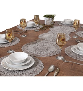 Amerikan Servis Supla ve Runner Seti 12 Kişilik Nakışlı Gri Venezia 13 Parça Masa Ve Sunum Takımı Venezia12'li Gri Set, 1 Runnerlı Set Venezia Çeyizlik Takımı