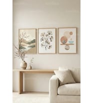 Soft Nature & Abstract Harmony 3’lü Ahşap Çerçeveli Tablo Seti – Japandi Duvar Dekoru