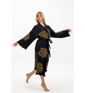 Müslin Kimono %100 Pamuklu Mercan Baskılı Desenli Bornoz Kaftan Sabahlık (Siyah)