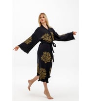 Müslin Kimono %100 Pamuklu Mercan Baskılı Desenli Bornoz Kaftan Sabahlık (Siyah)