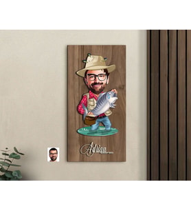 BK Gift Kişiye Özel Balıkçı Karikatürlü Kabartma Figürlü Ahşap Tablo-3, Arkadaşa Hediye, Sevgiliye Hediye, Duvar Dekoru