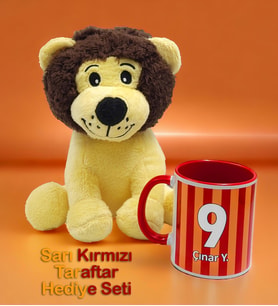 Kişiye Özel Sarı Kırmızı Şeritli Taraftar Kupa & Hediyelik Sevimli Peluş Aslan 22cm Hediye Seti