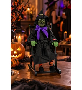 Halloween Cadılar Bayramı Sallanan Sandalyeli Cadı Dekoru Sesli Yeşil Yüzlü Mor Kurdeleli 44 cm