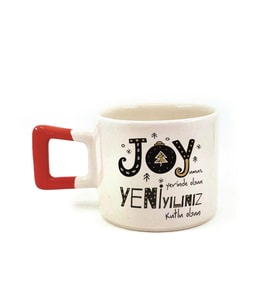 Joyumuz Yerinde Olsun Baskılı Kırmızı Kulplu Kare Yılbaşı Kupası